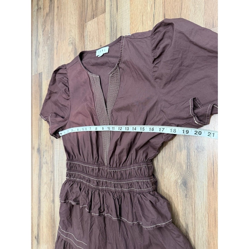 THML Brown Cotton Tiered Midi Dress Puff Sleeve Smocked Waist Boho Size M - Picture 8 of 9